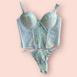 De colección MALLA BORDADO ENCAJE CORSÉ BUSTIER deshuesado 34B conjunto tanga a juego pastel - Imagen 1 de 5