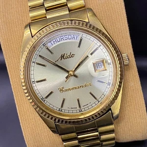 RARE Mido President Commander Automatic 8299 Gold Dial Baton 1970s Swiss Watch - Picture 1 of 9