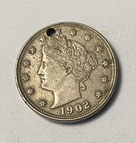 US  Coin - 1902P Liberty V Nickel - Higher Grade w/ Jewelry Hole Cover