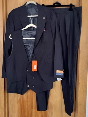 Delmont Solid Dark Blue Navy Slim Fit Suit 3-Piece Coat, Pant, Vest Size 54 NWT - Image 1 of 4