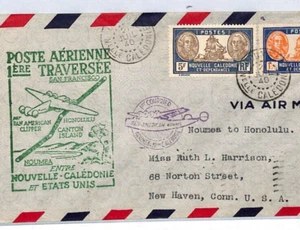 NEW CALEDONIA Air Mail 1940 Cover PAN-AM FIRST FLIGHT USA CT Canton Island YH152 - Picture 1 of 10