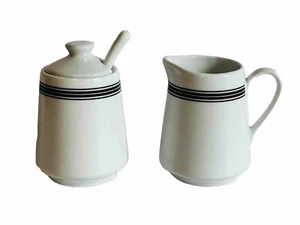 Pottery Barn Cafe Creamer Sugar Set w/Spoon Lid White Black Stripe French Bistro - Picture 1 of 11