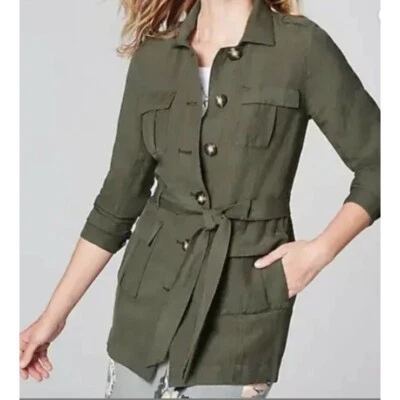 Chaqueta Safari J. Jill Elegante Mezcla de Lino Alcaravea Mediana Verde Ejército Utilitaria Foto 1 de 4