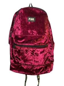 Victorias Secret Pink Burgundy Velvet Backpack Gold Logo Multiple Pockets - Picture 1 of 7