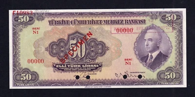 Turkey P-142s Specimen 50 Lira L1930  UNC - Image 1 of 2