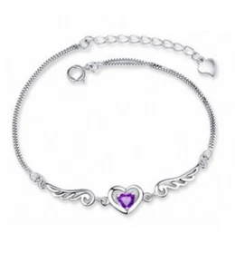 8" Women Girl Amethyst Angel Wing Heart Chain Sterling Silver Bracelet Gift B14 - Picture 1 of 6