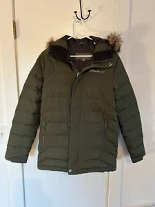 Eddie Bauer Men's Winter Coat GREEN Faux Fur Hood Size Small Down Filled - Picture 1 of 11