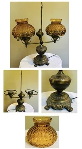 Vintage Double Arm Student Lamp Amber Globes & Base - Picture 1 of 10