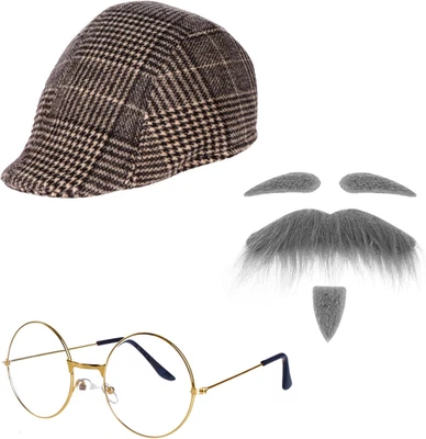 4PCS Old Man Costume Kit Hat Glasses Mustache Eyebrows Grandpa Dress Up Set - Image 1 of 4