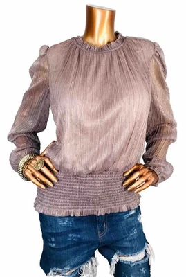 JOIE XL Top Stretch NWT Shiny Shimmer Shirred Smocked Hem Lined Blouse Pleated - Image 1 of 4