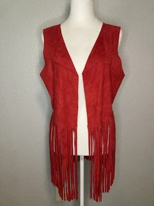 Faux Leather Suede Fringe Vest Womens Red Hippie Boho Western Festival One Size - Picture 1 of 6