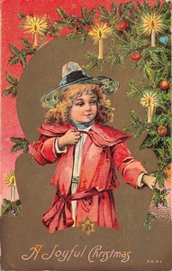 LOVELY CHRISTMAS POSTCARD CHILD IN RED COAT BY TREE W/ CANDLES c1910 073125 U - Picture 1 of 2