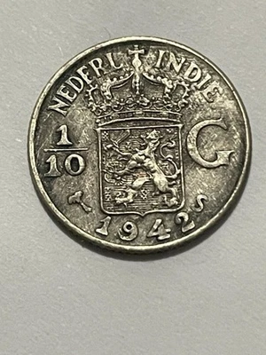 👀NEDERLANDS EAST INDIE 1942 1/10 GULDEN SILVER COIN ANTIQUE 👀 - Image 1 of 2