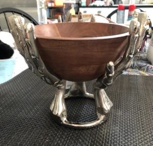 Metal SKELETON HANDS Holding a 7" Wood Serving Bowl Made in India -- NWT - Picture 1 of 7