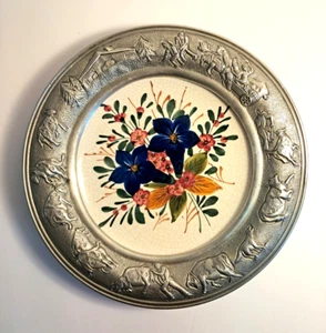 9" Plate Pewter Frame Rancher Homestead theme Ceramic Hand Painted Floral German - Picture 1 of 17