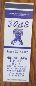 MOOSE JAW, SASKATCHEWAN COPERTINA LIBRO FIAMMIFERI: ELKS CLUB VUOTO 1950s MATCHCOVER -D - Foto 1 di 2