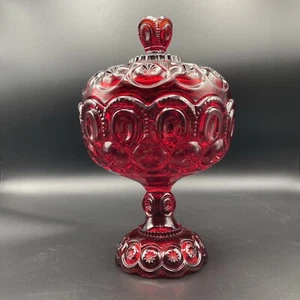 LE Smith Moon and Stars Pedestal Candy Dish with Lid; Ruby Red 10” Chipped - Picture 1 of 15