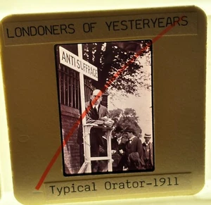 Vintage 35mm Dia Foto alte Londoner von Yesteryears s/w 1911 Redner Anti Wahlrecht - Bild 1 von 2