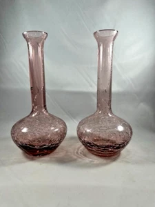 2 VINTAGE TOYO PALE LAVENDER CRACKLE GLASS BUD VASES, BUBBLE BOTTOM, 7.75" TALL - Picture 1 of 5