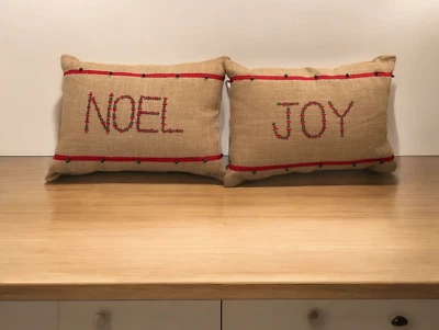Burlap Embroidered JOY & NOEL Christmas Accent Pillows  17" x 12" Jingle Bells - Image 1 of 4