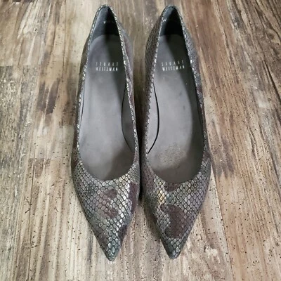 Stuart Weitzman Snakeskin Pointed Toe Kitten Heel Pumps Size 8 - Image 1 of 4