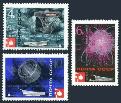 Russia 3295-3297, 3298, MNH. Mi 3318-3320 Bl.45. EXPO Montreal-67. Proton space. - Image 1 of 2