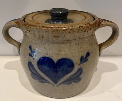 ROWE Pottery Cobalt Blue Heart Decorated Double Handled Bean Pot w Lid 1994 - Image 1 of 4
