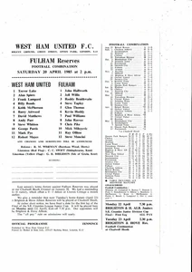 West Ham United v Fulham Football Combination Programme 1984/85 - Picture 1 of 1
