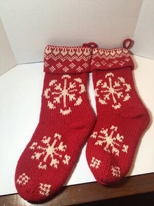 Set Of 2 Crate and Barrel Red Sweater Knit White Snowflake Christmas Stockings - Picture 1 of 8