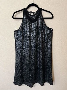 SINGLE DRESS Black Silk Dress Sequin sleeveless shift Tank L (M) Bedazzled - Picture 1 of 10