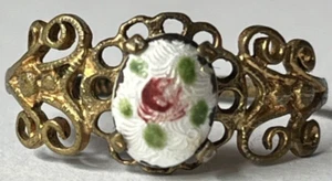 Vintage ESPO Esposito 18K HGE Pink Rose Flowers Guilloche Enamel Antique Ring 5 - Picture 1 of 11