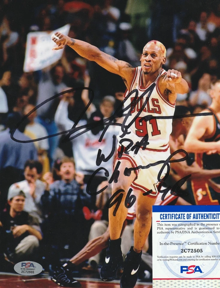 DENNIS RODMAN CHICAGO BULLS NBA CHAMPS 96-98   PSA AUTHENTICATED SIGNED 8x10 - Image 1 of 1