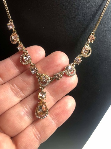 Collana 4150 Givenchy tono oro cristallo champagne goccia a Y lunga 16 18" nuova senza etichette