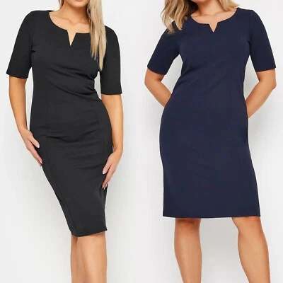 NOTCH NECK MIDI LENGTH HALF SLEEVE STRETCH WORK DRESS BLACK AND NAVY SIZE 10-20 - Image 1 of 4