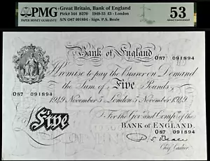 £5 weiße Fünf-Pfund-Note Beale B270 344 PMG 53 1949 Large Bank England - Bild 1 von 2