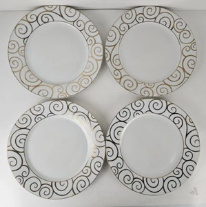Pier 1 Gold Swirl Dinner Plates 10.25" Trim White Holiday Retired Lot of 4 💙 - Picture 1 of 7