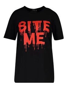BOOHOO Bite Me T-Shirt Halloween Slogan Boohoo Plus BNWT Women's Size UK 16 - Picture 1 of 17