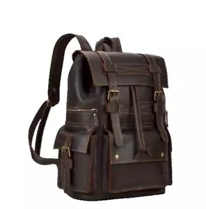 Crazy Horse Leather Brown Backpack Dark Brown Oil Pullup Vintage Style Rucksack - Picture 1 of 4