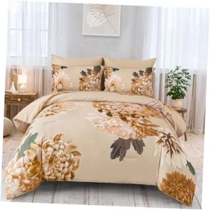 Comforter Set 7 Piece Floral Comforter Set with Sheets Bed in a Bag King Khaki - Picture 1 of 8