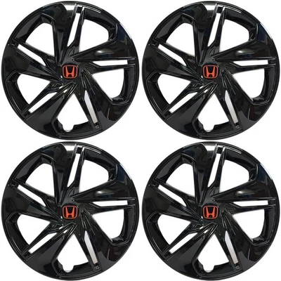 FITS 2019-2021 Honda Civic 16" Black Hubcaps Wheel Covers 541-16BLK RED LOGO SET - Image 1 of 4