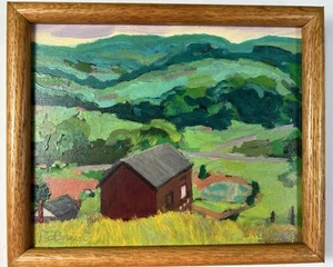 Pintura acrílica sobre lienzo granja impresionista 9x11” arte enmarcado en roble Robert Breast - Imagen 1 de 12