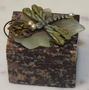 Jo Marz 1st Edition Marbled Soapstone Trinket Box Dragonfly On Leaf Rhinestones - Bild 1 von 13