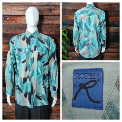 Roper Shirt Men XL Vintage 80s Western Button Front Abstract Cotton Rare US Made - Image 1 of 4