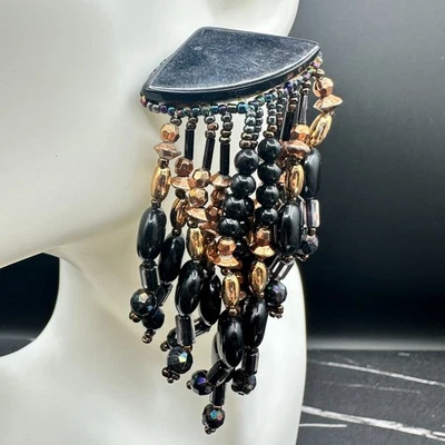 Black & Bronze Multi-Strand Beaded Waterfall Statement Earrings Bold Boho - Image 1 of 4