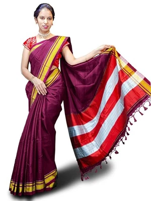 Sari de algodón Irkal para mujer con borde Zari y pieza de blusa Foto 1 de 4