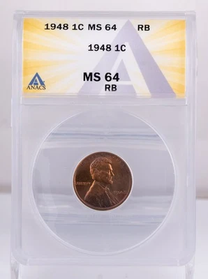 Certified 1948 Lincoln Cent ANACS MS64 RB Wheat Penny 1c  - Image 1 of 4