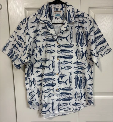 Kahala Hawaiian Button-Down Shirt All Over Print Sport Fish Men's S White Blue - Image 1 of 4