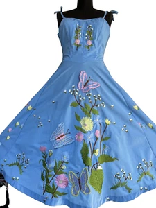 1960's THE OTHER LOOK Turquoise Embroidery Applique Butterfly Sweep Gown 8 MINT - Picture 1 of 20