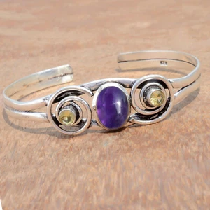 African Amethyst & Citrine Cut Gemstone 925 Sterling Silver Cuff Handmade Bangle - Picture 1 of 7