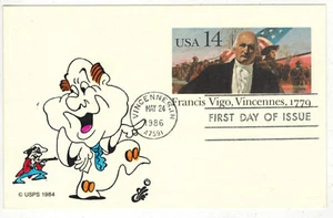 1986 ELLIS ANIMATED HANDPAINTED TINTED FDC UX111 FRANCIS VIGO VINCENNES INDIANA - Picture 1 of 1
